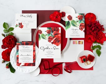 Red Roses Watercolor Wedding Invitation Suite: Printed Rose Painting