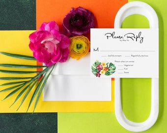 Tropical Watercolor Floral RSVP Card: Printed Wedding Reply