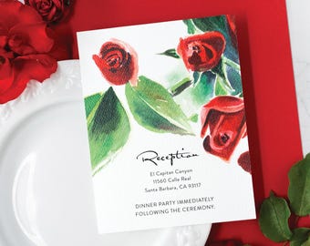 Red Roses Watercolor Wedding Reception Card: Floral Details