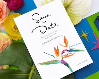 Watercolor Bird of Paradise Save the Date: Destination Wedding