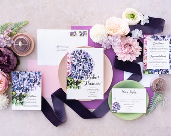 Hydrangea Watercolor Wedding Invitation Suite: Purple Floral Design