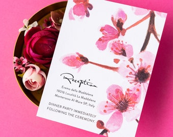 Cherry Blossom Watercolor Wedding Reception Card  - Pink Spring Floral Printed Reception Details Card (Cherry Blossom Suite)