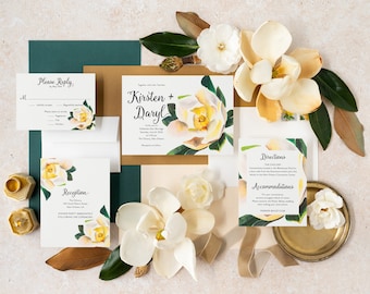 Magnolia Watercolor Wedding Invitation Suite: Floral Printed Design