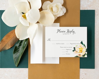 Magnolia Wedding RSVP Card: Floral Watercolor Printed Reply
