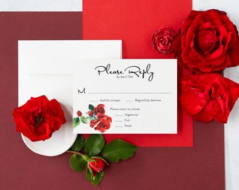 Red Roses Watercolor Wedding RSVP Card: Floral Reply
