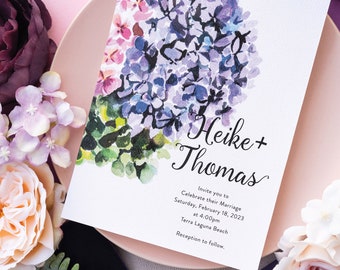 Hydrangea Watercolor Wedding Invitation: Purple Floral Print