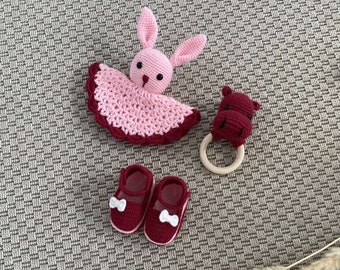 Birth Box - Birth Gift - Baby Christmas Gift - Crochet Baby Shoe - Crochet Rabbit Comforter - Baby Teething Ring - Birth