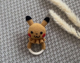 Crochet Teething Ring - Pikachu Teething Ring - Pokémon Teething Ring - Wooden Teething Ring - Crochet Rattle