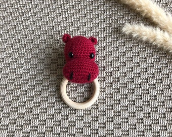 Crochet Teething Ring - Animal Teething Ring - Hippopotamus Teething Ring - Wooden Teething Ring - Crochet Rattle