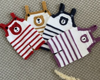 Baby Overalls 0-3 months in Wool - Handmade Knit, Purple, Grey, Red, Yellow - Soft and Warm Outfit for Newborn