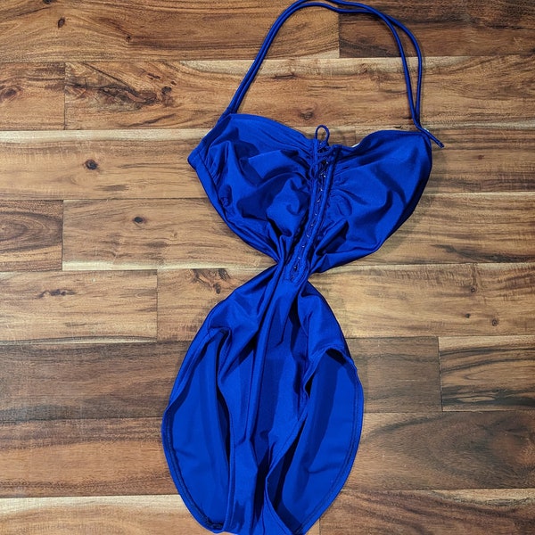 Vintage 80s/90s Bill Blass perfectly royal blue purple one piece halter swimsuit size 10