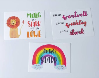 Strength, Encouragement & Empowerment - Set of 3 cute cards to send some self-confidence | Rainbow, Lion, Mantra