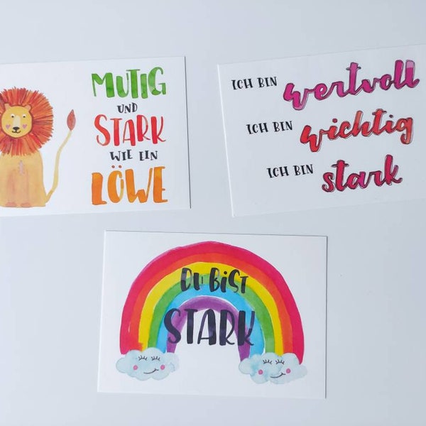 Mut & Stärke - 3-er Set süßer, ermutigender Postkarten mit Löwe, Regenbogen und Mantra für mehr innere Stärke und Selbstbewusstsein