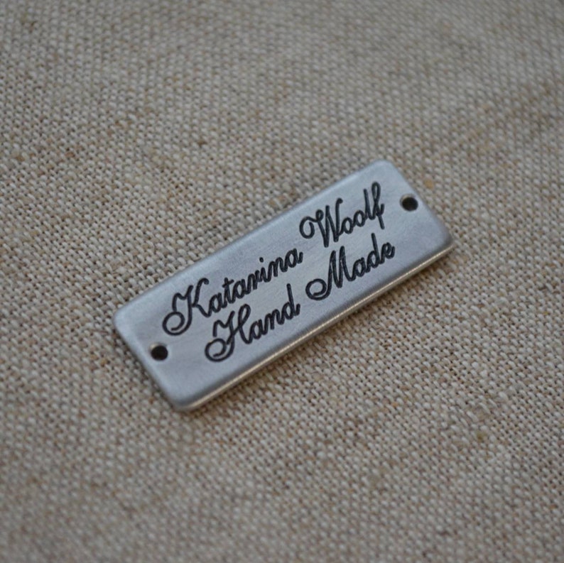 Personalized Aluminium Tag Custom Metal Bag Label. 13x35 mm Handmade Custom Clothing Labels and Tags with Deep Engraving Plated Enamel