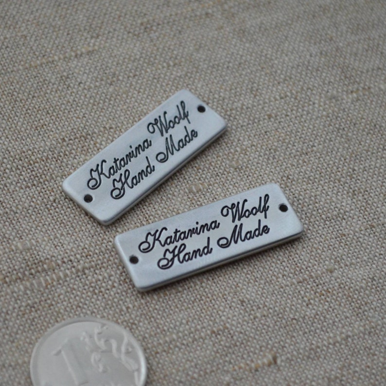 Personalized Aluminium Tag Custom Metal Bag Label. 13x35 mm Handmade Custom Clothing Labels and Tags with Deep Engraving Plated Enamel