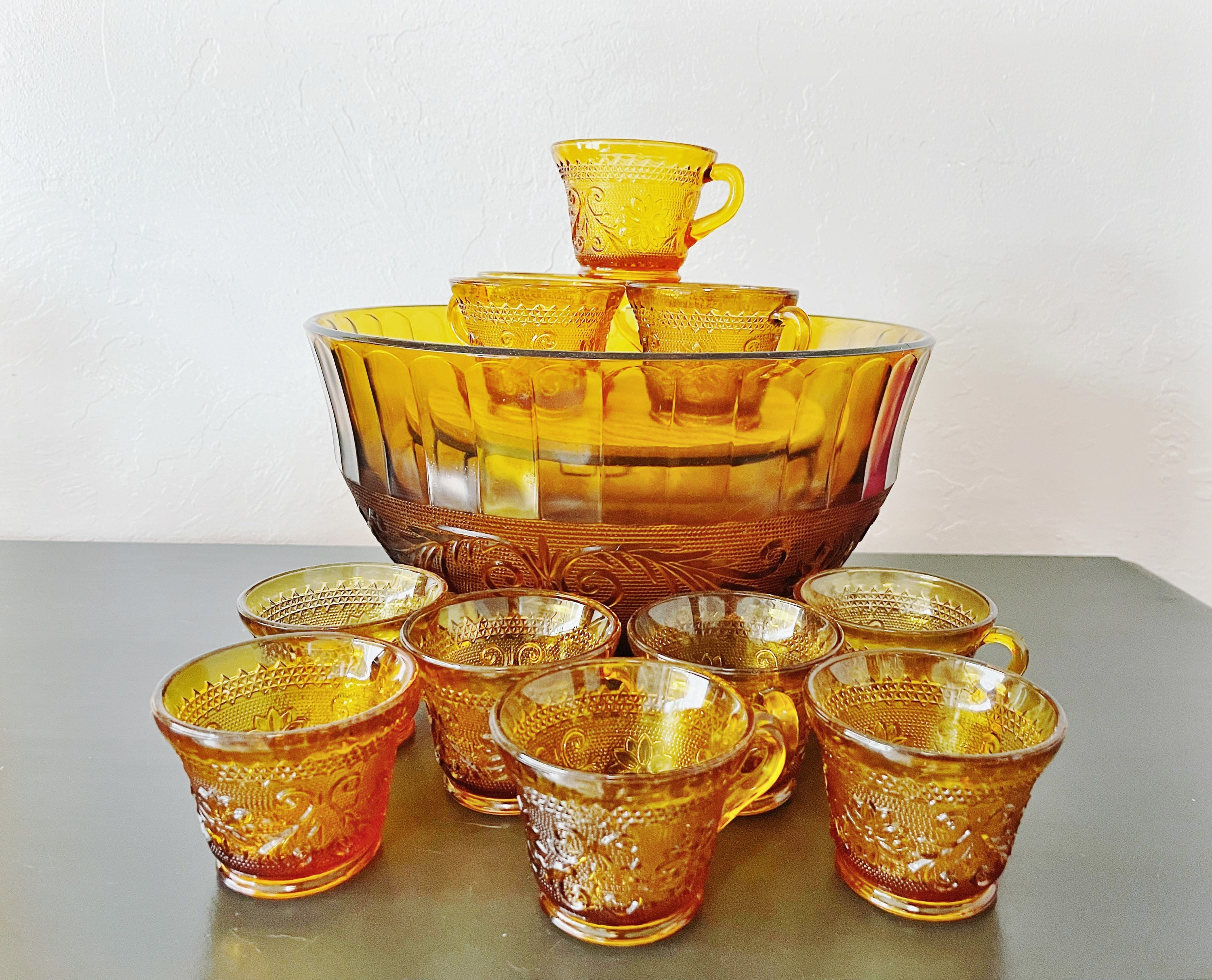 Vintage Tiara Amber 14 Piece Punch Bowl Etsy