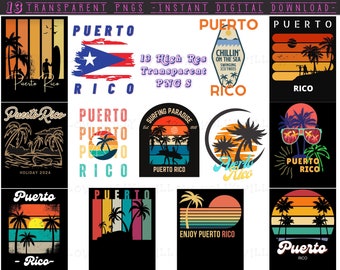 Puerto Rico T-Shirt PNG Design Bundle, Incl 13 Puerto Rican Beach Themed Transparent PNG for Sublimation or POD, Instant Digital Download