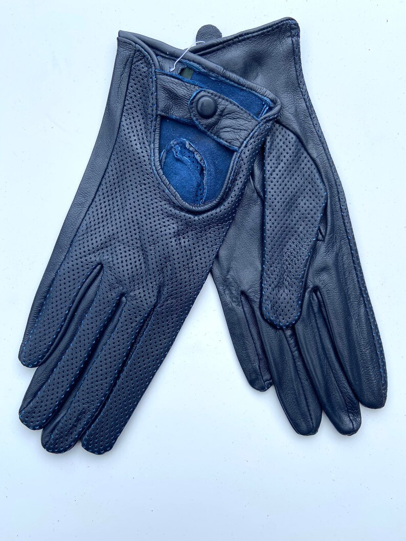 Ladies Driving Leather Gloves Navy Blue UNLined Real Etsy