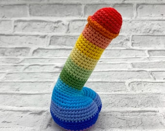 Pene de arcoíris de crochet, regalo divertido de crochet, pene de crochet, pene amigurumi, pene de peluche, juego de pene falso