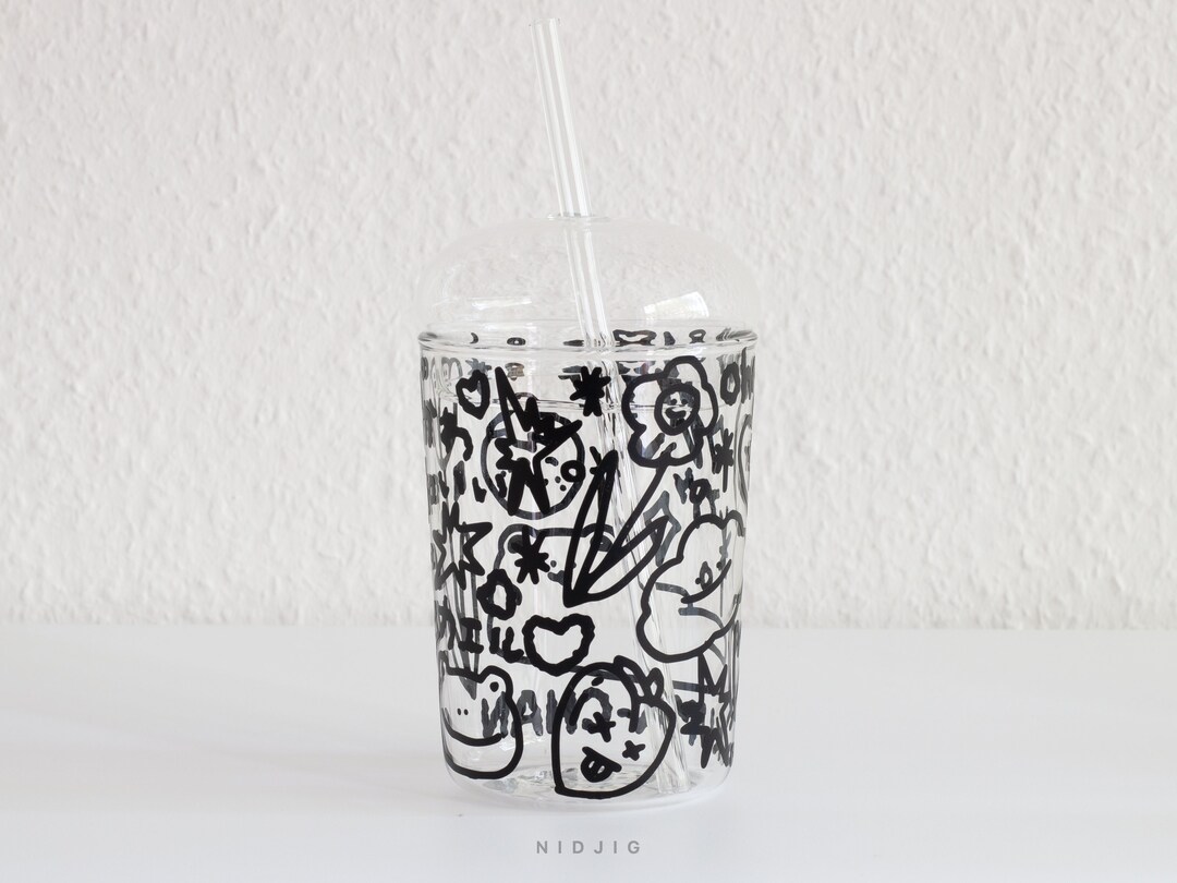 Kawaii Rakugaki Glass Tumbler With Dome Lid and Straw 450ml Etsy