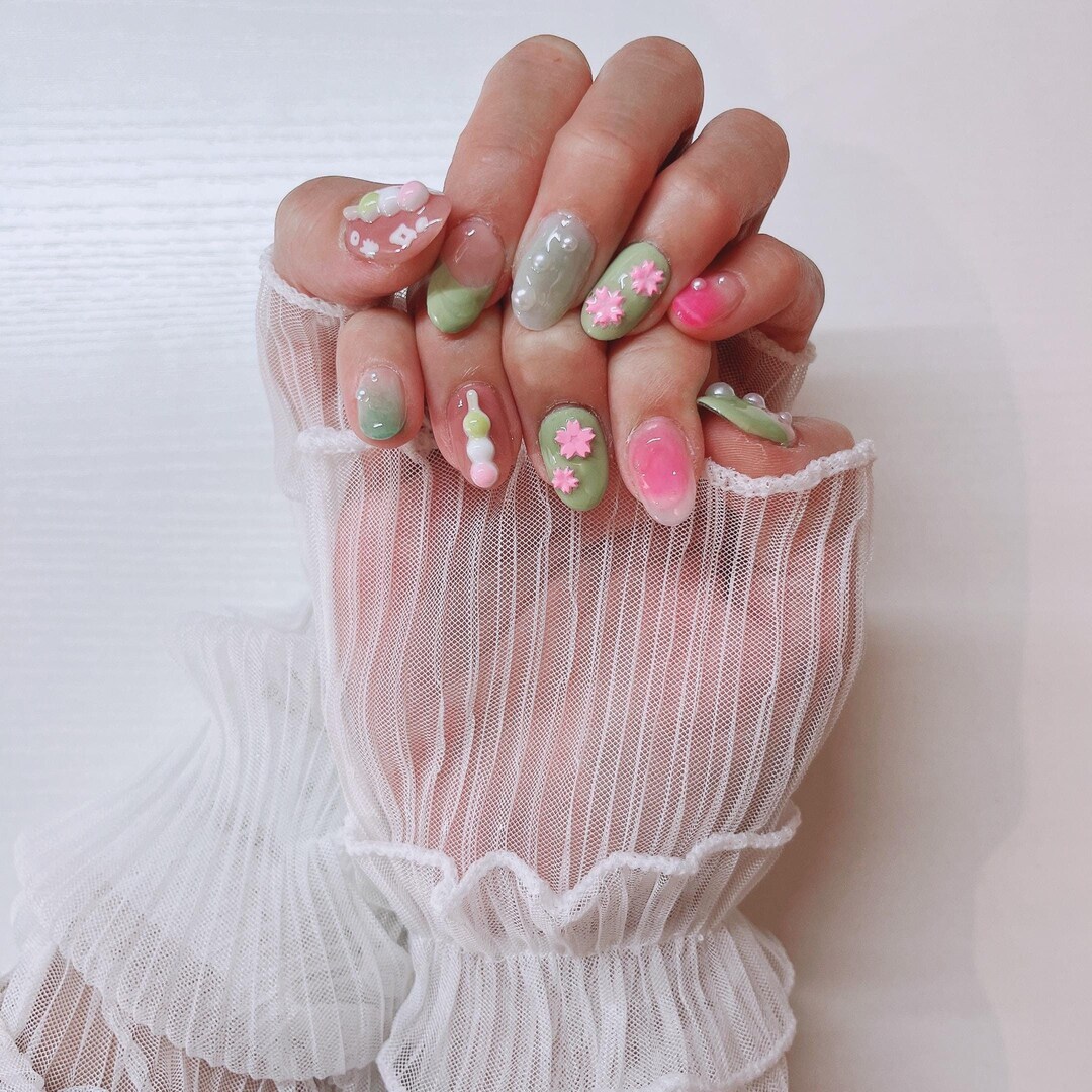 Dango X Sankura Press on Nails Set Pink Green Mochi Handmade 3D ...