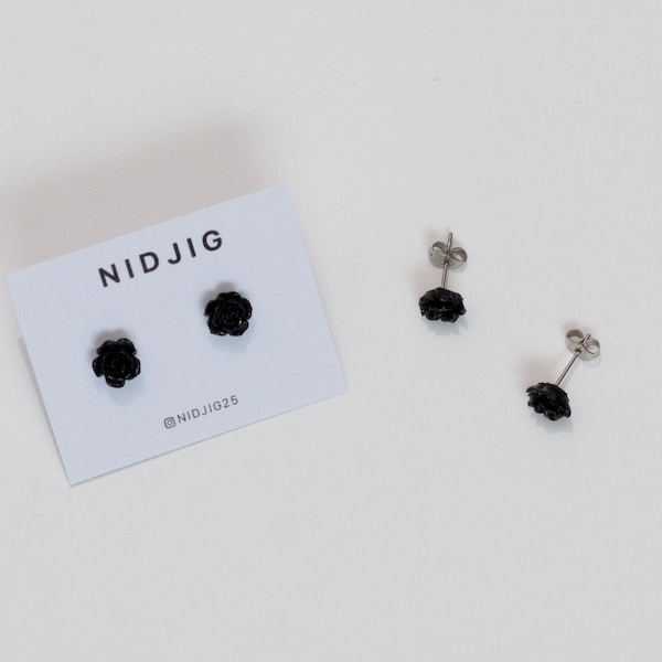 Mini Black Rose Stud Earrings | Aesthetic Cute Silver Flower Gothic Japan Harajuku handmade Hypoallergenic Studs Small jewelry Casual Gift