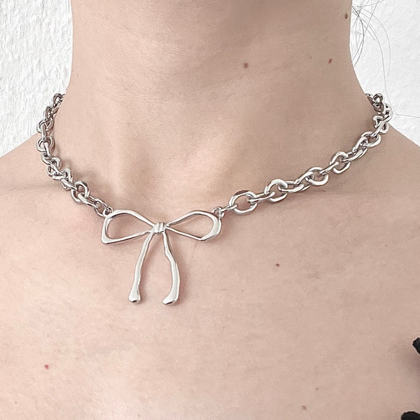 Collier à chaîne épaisse avec nœud Kawaii (fr) Acier inoxydable imperméable à l'eau 41 47 cm Ruban Bowknot Cute Girl Cadeau esthétique pour ses colliers Harajuku y2k