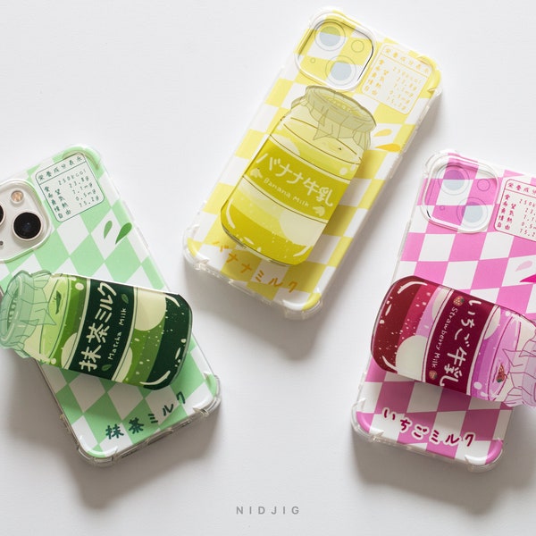 Kawaii Milk Phone Case (fr) iPhone 12 13 mini Pro Pro Max Étuis de téléphone mignons Japon Corée y2k Matcha Banane Fraise Accessoires de téléphone esthétiques