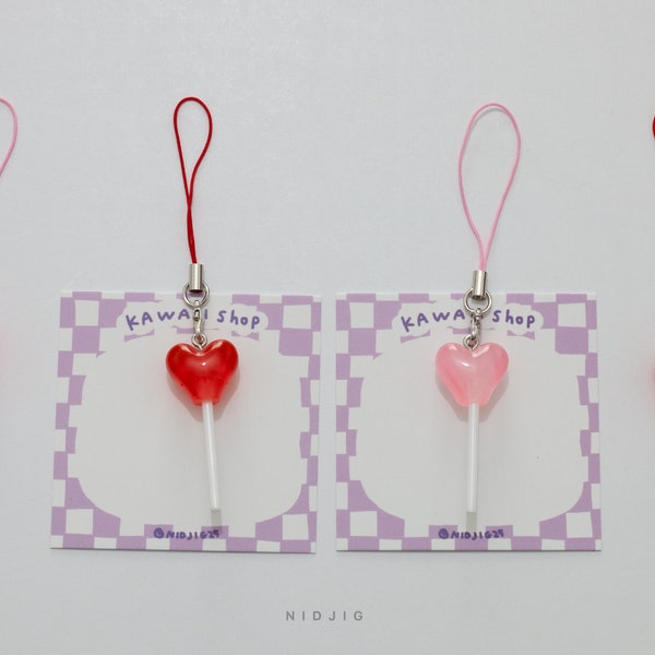 Heart Lollipop Phone Charm (fr) Kawaii Red Strawberry Candy Porte-clés Sangle Esthétique keycharms Phone String harajuku Cute Aka Gift Snack Food
