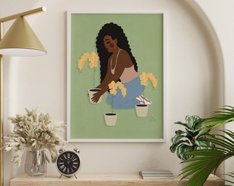 Plant Mom Art | Woman Plant Art Print | Plant Girl Art | Plant Wall Art | Plant Lover Art Print Decor | Flower Lover | Gardening Print