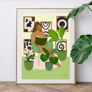 Plant Mom Art | Woman Plant Art Print | Plant Girl Art | Plant Wall Art | Plant Lover Art Print Decor | Book Lover Art Gift