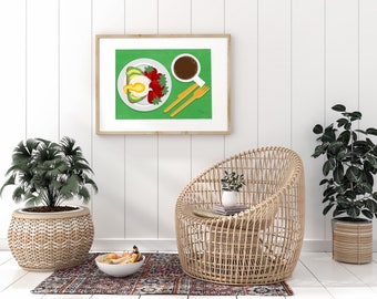 Avocado Toast Food Art | Retro Dopamine Art Print | Kitchen Wall Art Decor | Coffee Breakfast  Illustrations