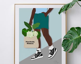 Plant Daddy Art | Plant Dad Art | Plant Print Wall Art | Plant Lover Art | Black Man Art Print | African American Man Wall Art Floral Print