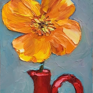Pintura de amapola amarilla, arte al óleo original, flor, 5x7, naturaleza muerta, cocina, amapola de California, pintura empastada, pequeña obra de arte de TatianKoArt