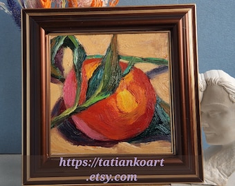 Clementina natura morta pittura a olio 4x4 arte in miniatura originale Opera d'arte di frutta Citrus Small Painting Arte della cucina di campagna francese