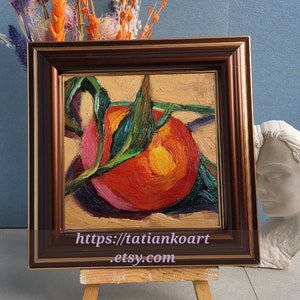 Clémentine nature morte peinture à l'huile 4 x 4 art miniature original oeuvre de fruits petite peinture agrumes art cuisine de campagne française image 1