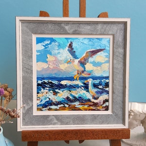 Seashore painting Seagull art 6x6 Original landscape oil Seascape painting Original beach artwork Gift for lovers of the sea TatianKoArt