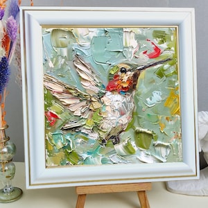 Pintura de colibríes, arte original de animales, pájaros, empasto, arte al óleo, regalo para amantes de las aves de TatianKoArt