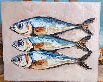 Sardine Oil Painting: Trio of Fish, Impasto Seafood Still Life