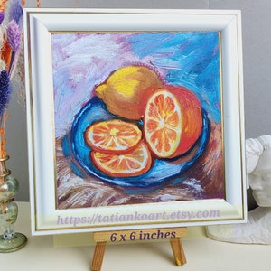 Lemon painting Fruits Original art small Oil painting 6x6 still life Citrus Fruit artwork kitchen Wall Decor Impasto painting by TatianKoArt