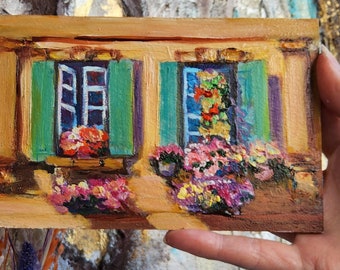 French windows art country side original painting Impasto Miniature Oil Artwork French Riviera Provance Bonnieux small farmhouse decor 6x4