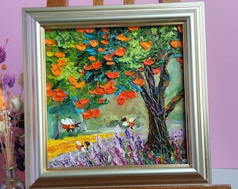 Orange tree painting Orange Garden Honey Bee Original Art Flower Artwork Mini Bumblebee Oil Impasto Small Floral Art 3d Gift Memory Summer