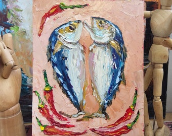 Two Fish Oil Painting: Sardine Still Life, Kitchen Wall Art (8x10)