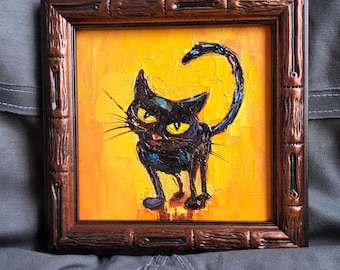 Black Cat Oil Painting: Impasto Original Art, Yellow Background (6x6)