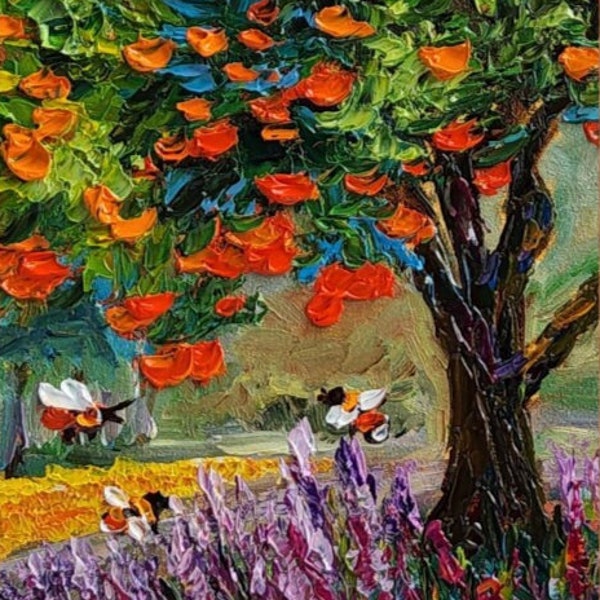 Orange tree painting Orange Garden Honey Bee Original Art Flower Artwork Mini Bumblebee Oil Impasto Small Floral Art 3d Gift Memory Summer