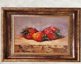 Strawberry Oil Painting: Small Still Life Kitchen Wall Art by TatianKoArt
