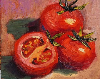 Tomato Oil Painting: Kitchen Still Life, Original Impasto Art (6x6)