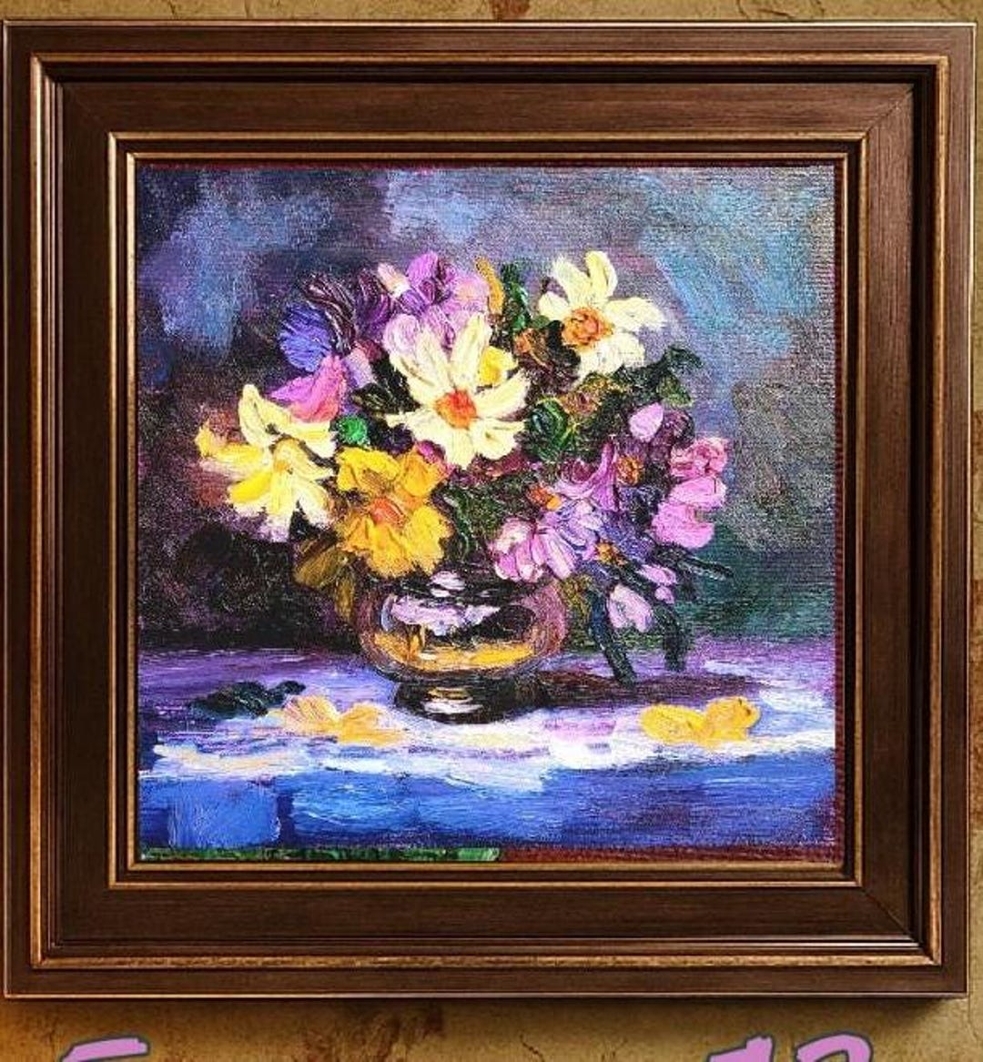 Petunia Oil Painting: Purple & Yellow Floral Still Life, Impasto
