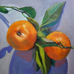 Orange Oil Painting Citrus Still Life with Leaves • Small Kitchen Wall Art by TatianKoArt