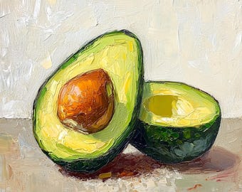 Avocado Oil Painting, Impasto Still Life, Textured Food Art, Kitchen Wall Decor by TatianKoArt